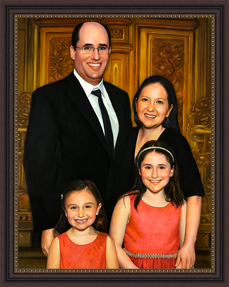 family portrait of parents with two daughters against ornate doors